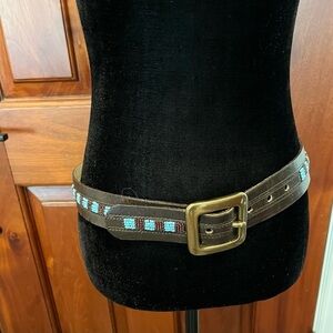 Hyde Collection Brown Beaded Western Leather Belt Small Brass Buckle Cowgirl